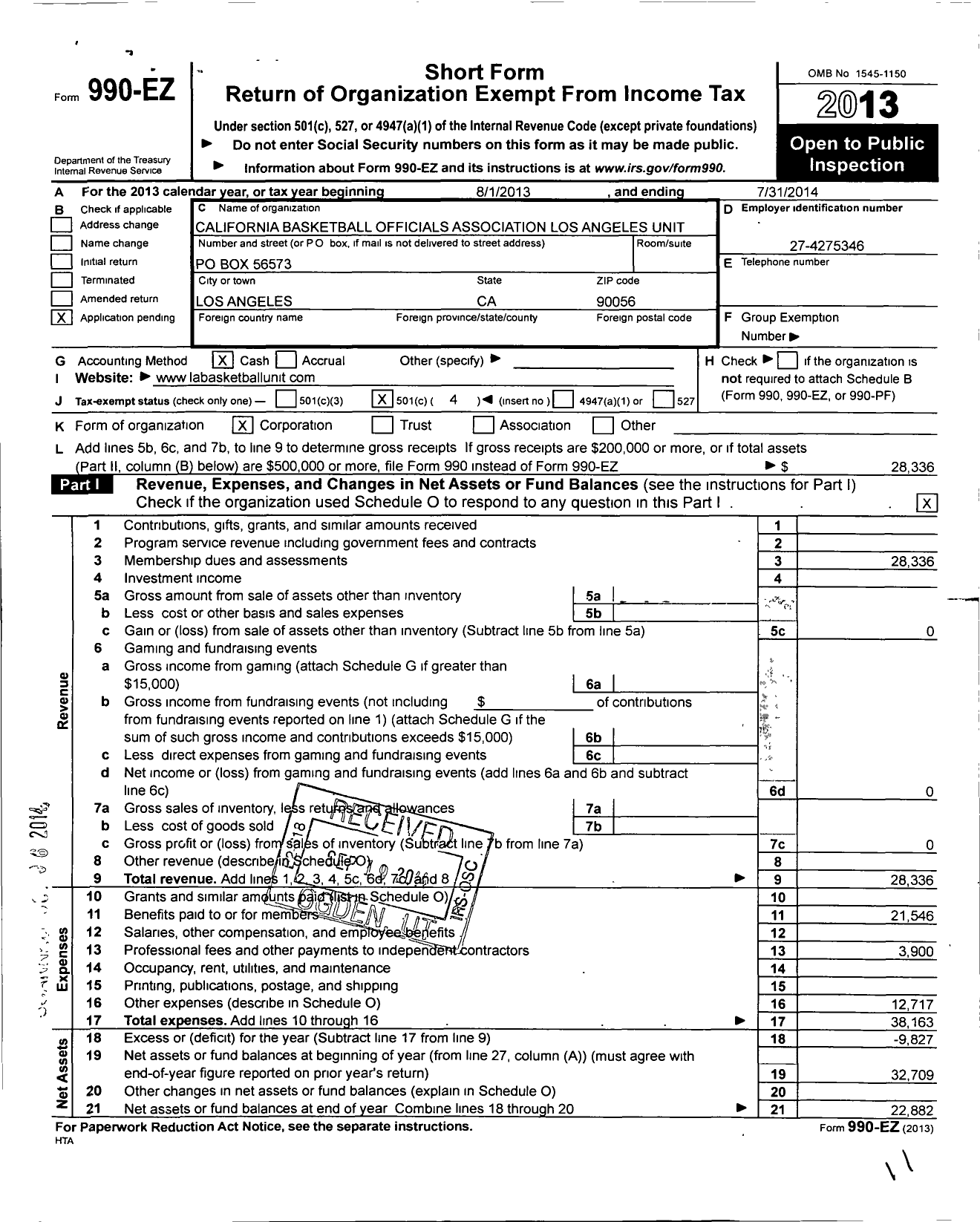 Image of first page of 2013 Form 990EO for California Basketball Officials Association Los Angeles Unit