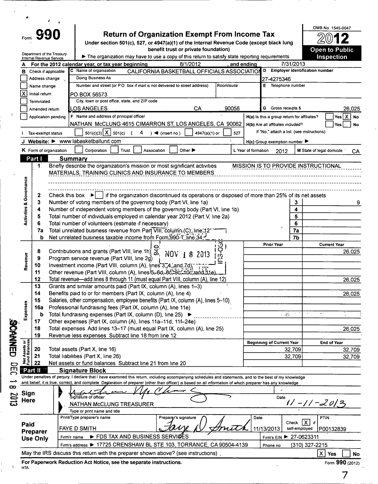 Image of first page of 2012 Form 990O for California Basketball Officials Association Los Angeles Unit