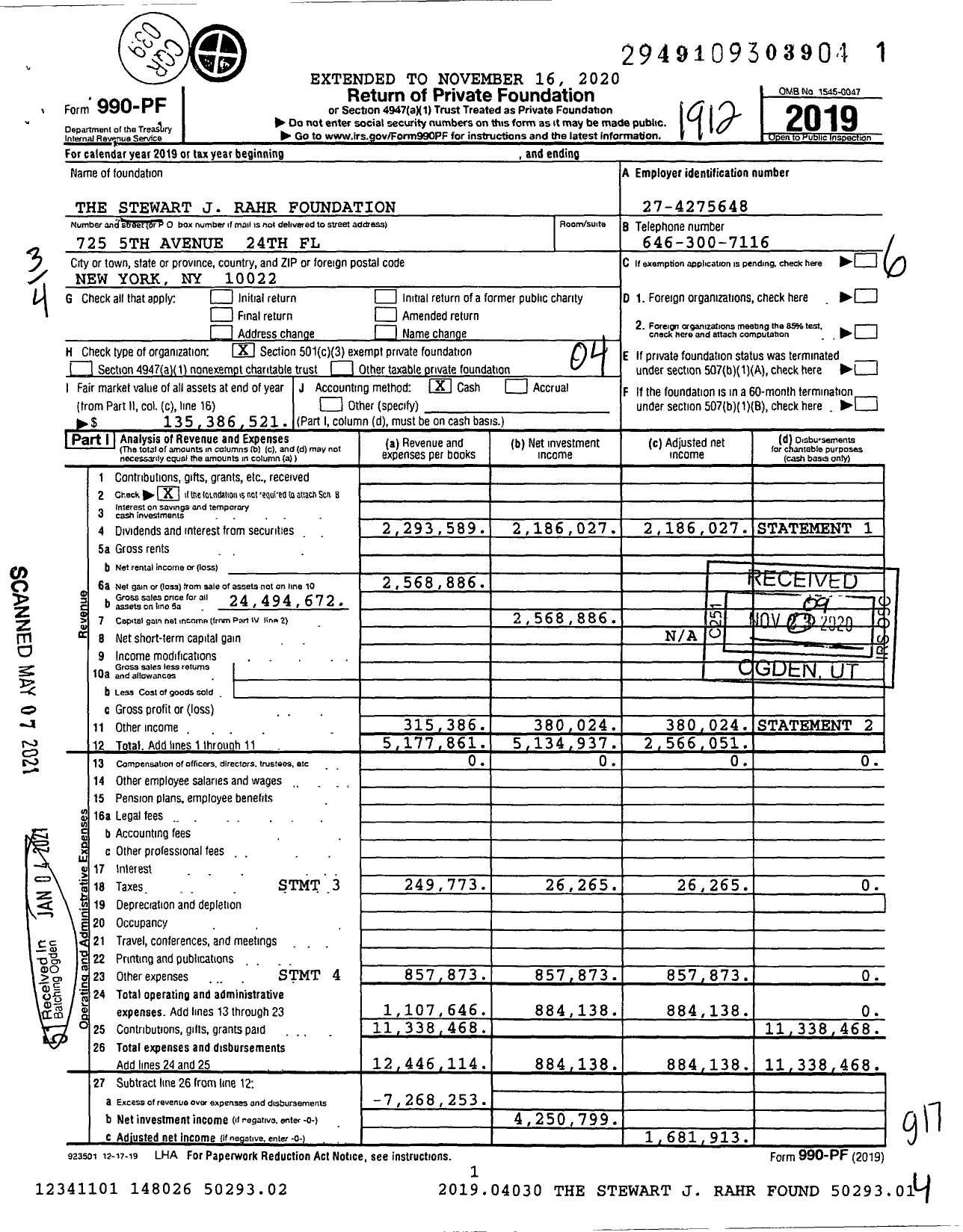 Image of first page of 2019 Form 990PF for The Stewart J. Rahr Foundation