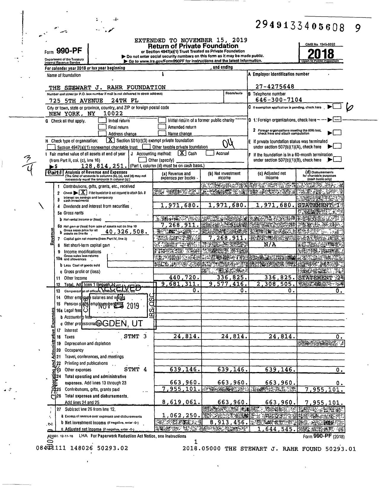 Image of first page of 2018 Form 990PF for The Stewart J. Rahr Foundation