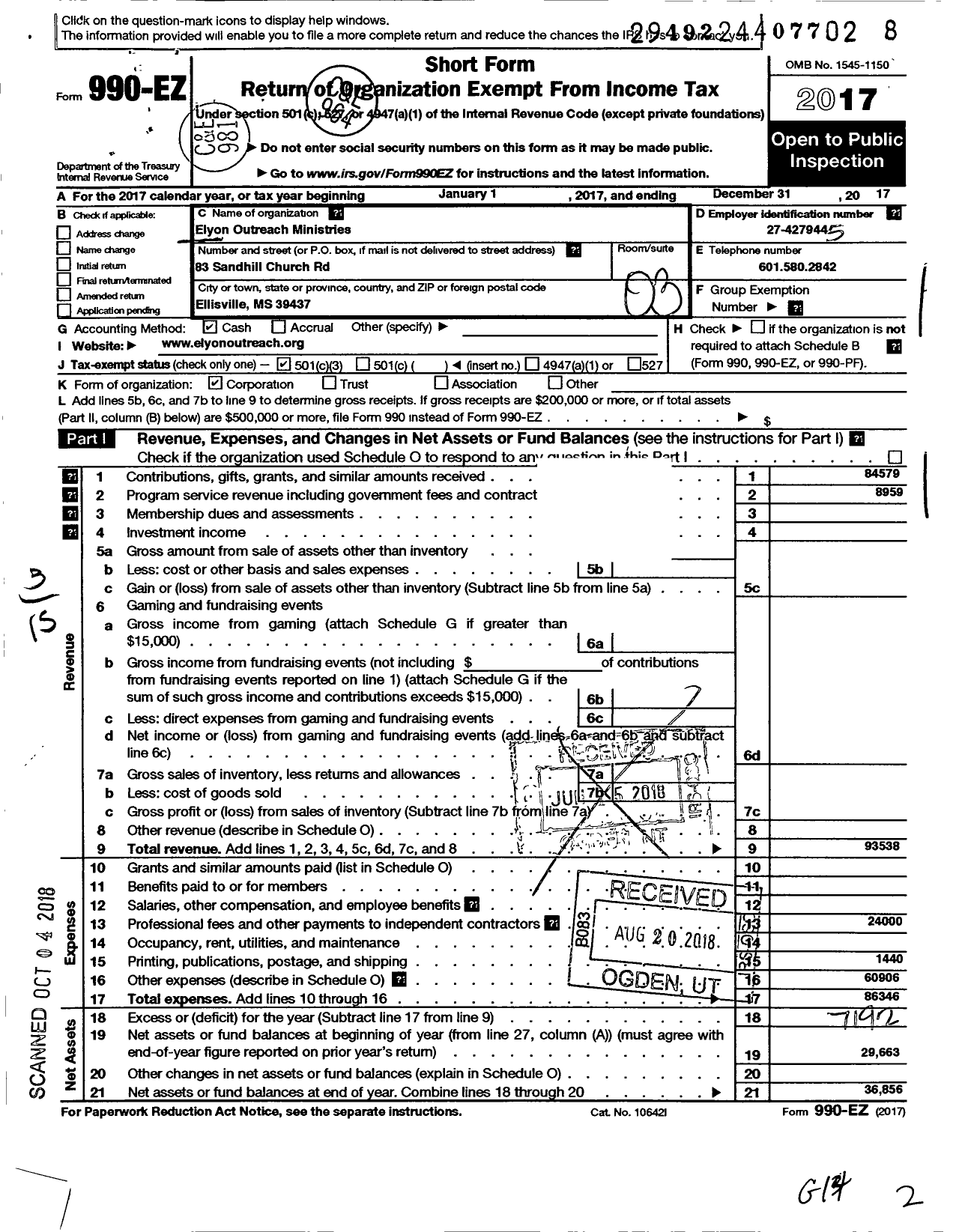 Image of first page of 2017 Form 990EZ for Elyon Outreach Ministries