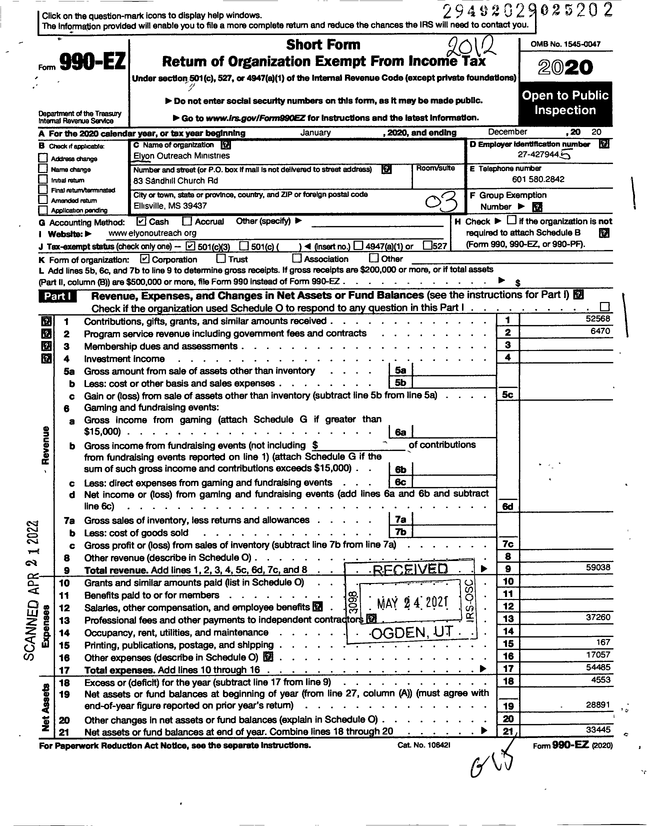 Image of first page of 2020 Form 990EZ for Elyon Outreach Ministries