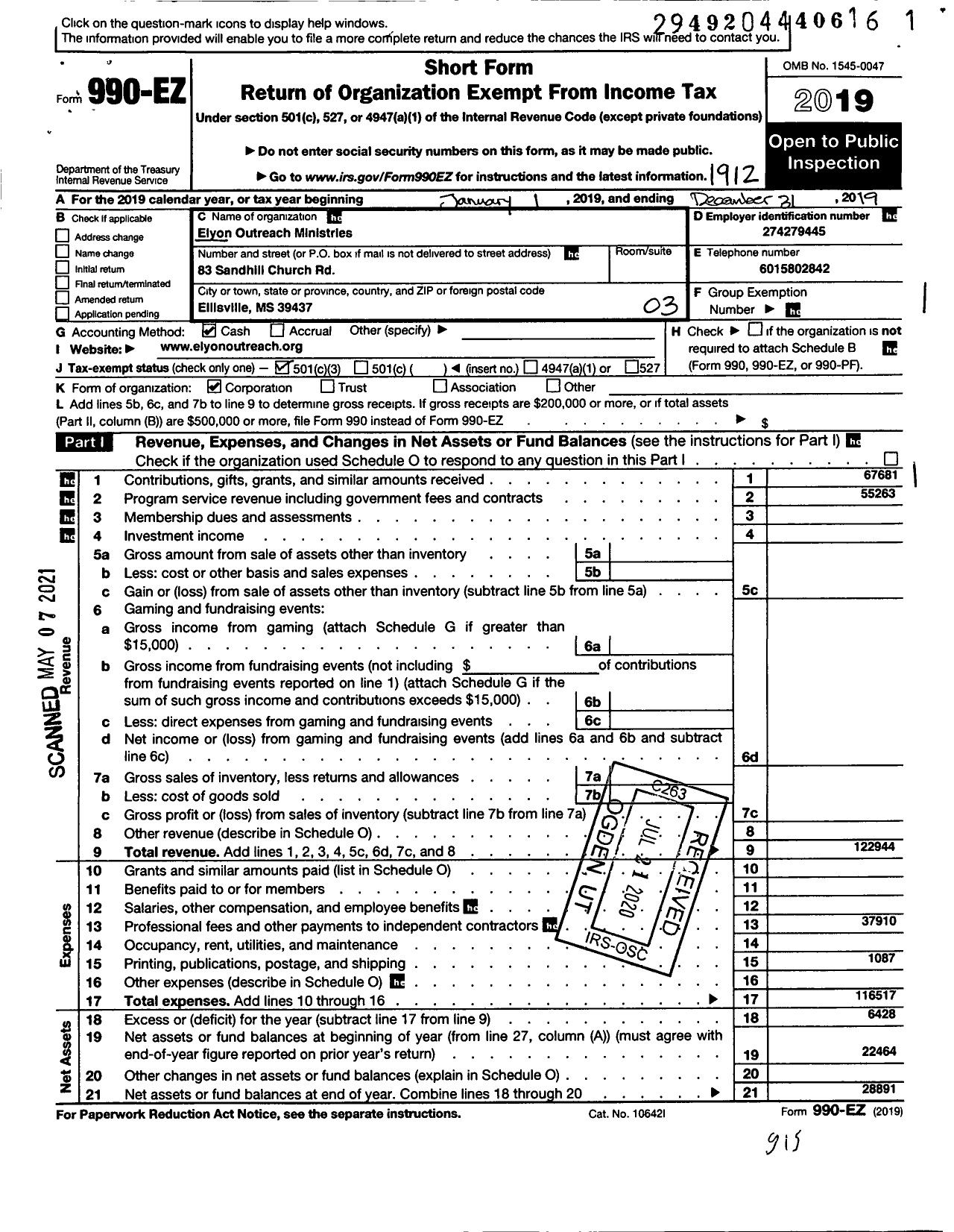 Image of first page of 2019 Form 990EZ for Elyon Outreach Ministries