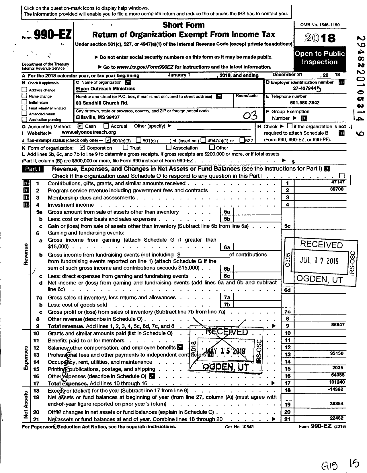 Image of first page of 2018 Form 990EZ for Elyon Outreach Ministries