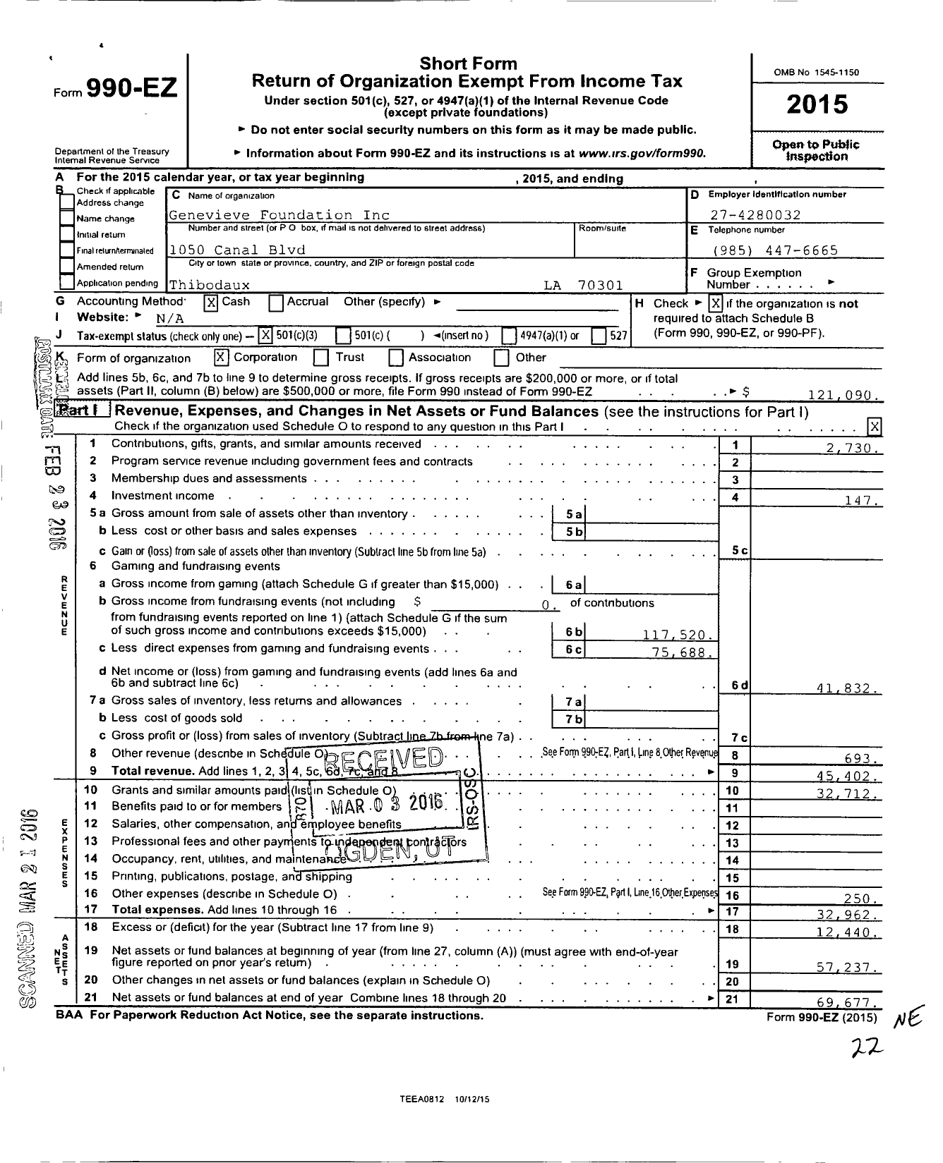 Image of first page of 2015 Form 990EZ for Genevieve Foundation