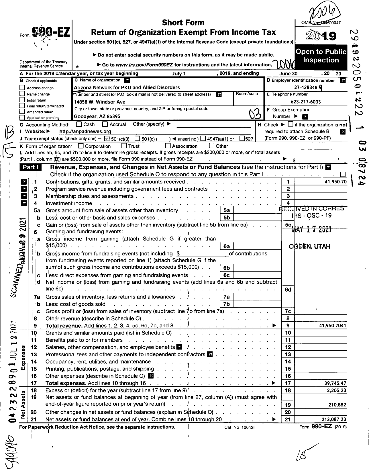 Image of first page of 2019 Form 990EZ for Arizona Pku and Allied Disorders