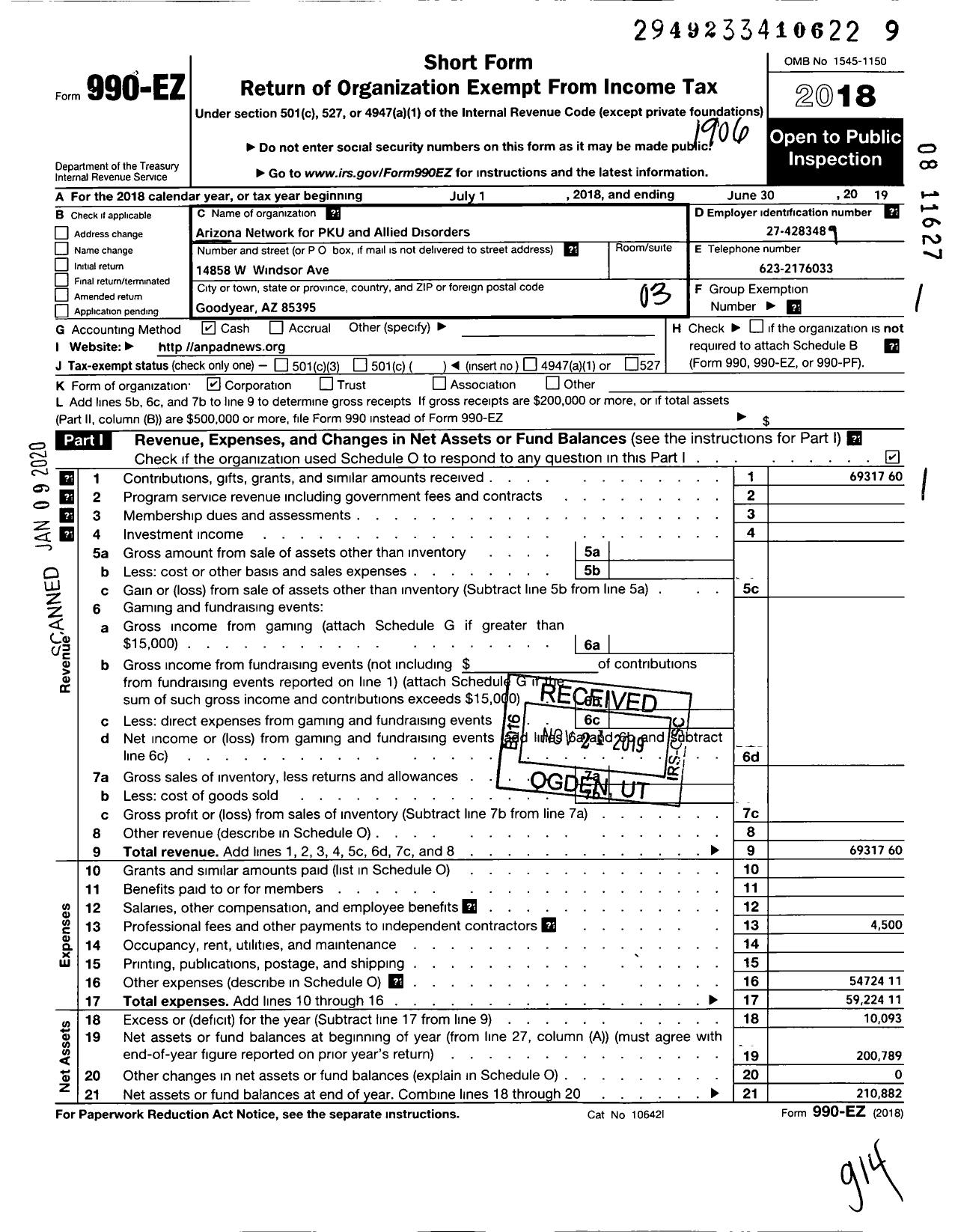 Image of first page of 2018 Form 990EZ for Arizona Pku and Allied Disorders