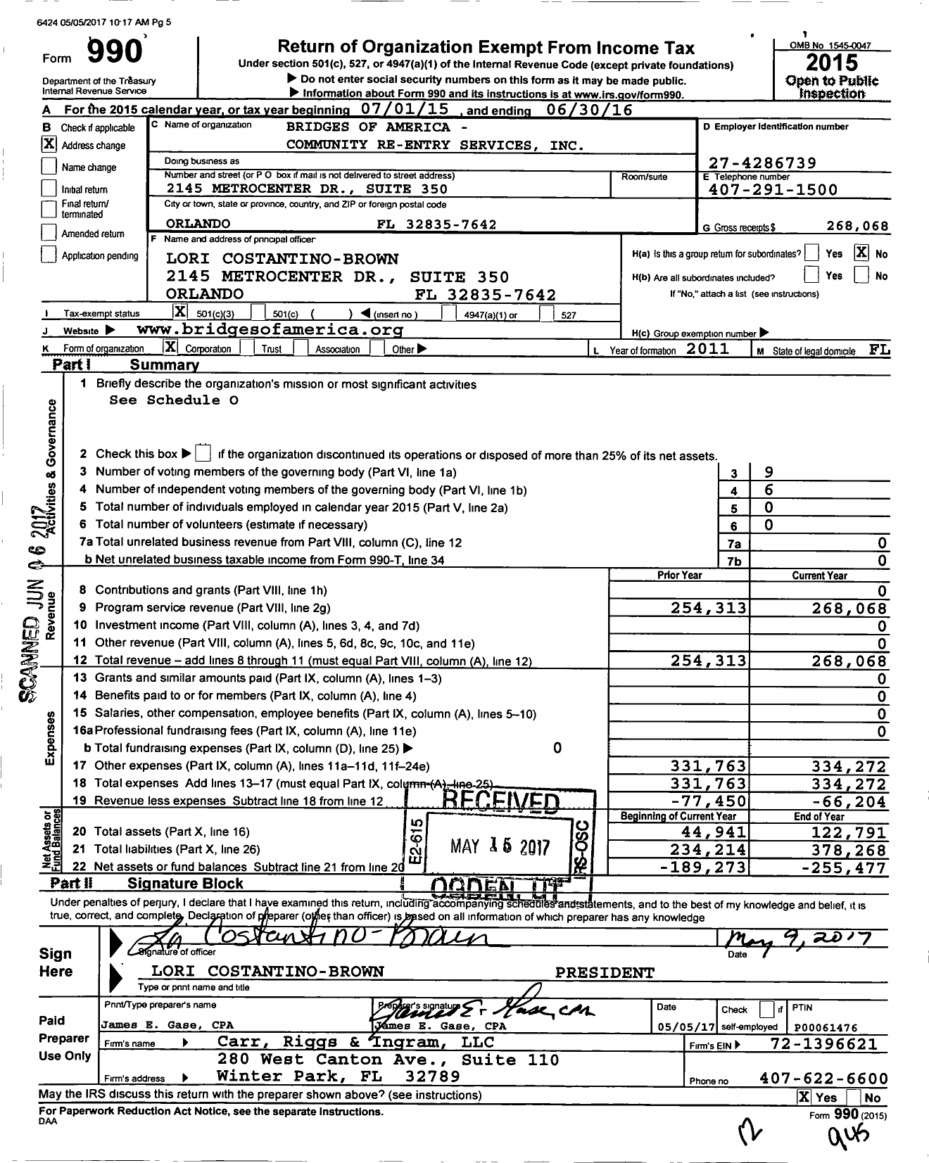 Image of first page of 2015 Form 990 for Bridges of America - Community Re-Entry Services