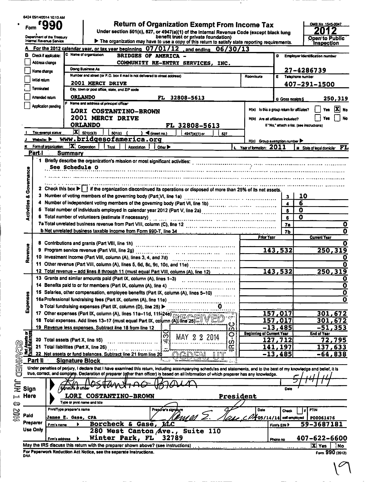 Image of first page of 2012 Form 990 for Bridges of America - Community Re-Entry Services