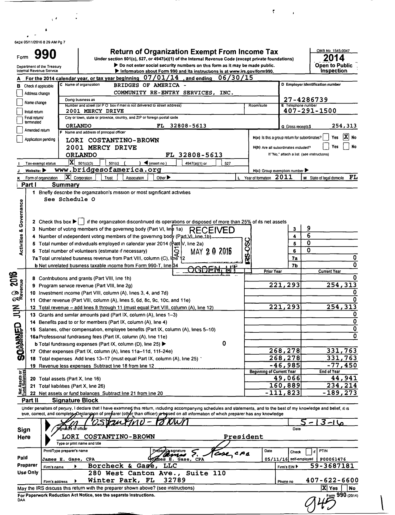 Image of first page of 2014 Form 990 for Bridges of America - Community Re-Entry Services