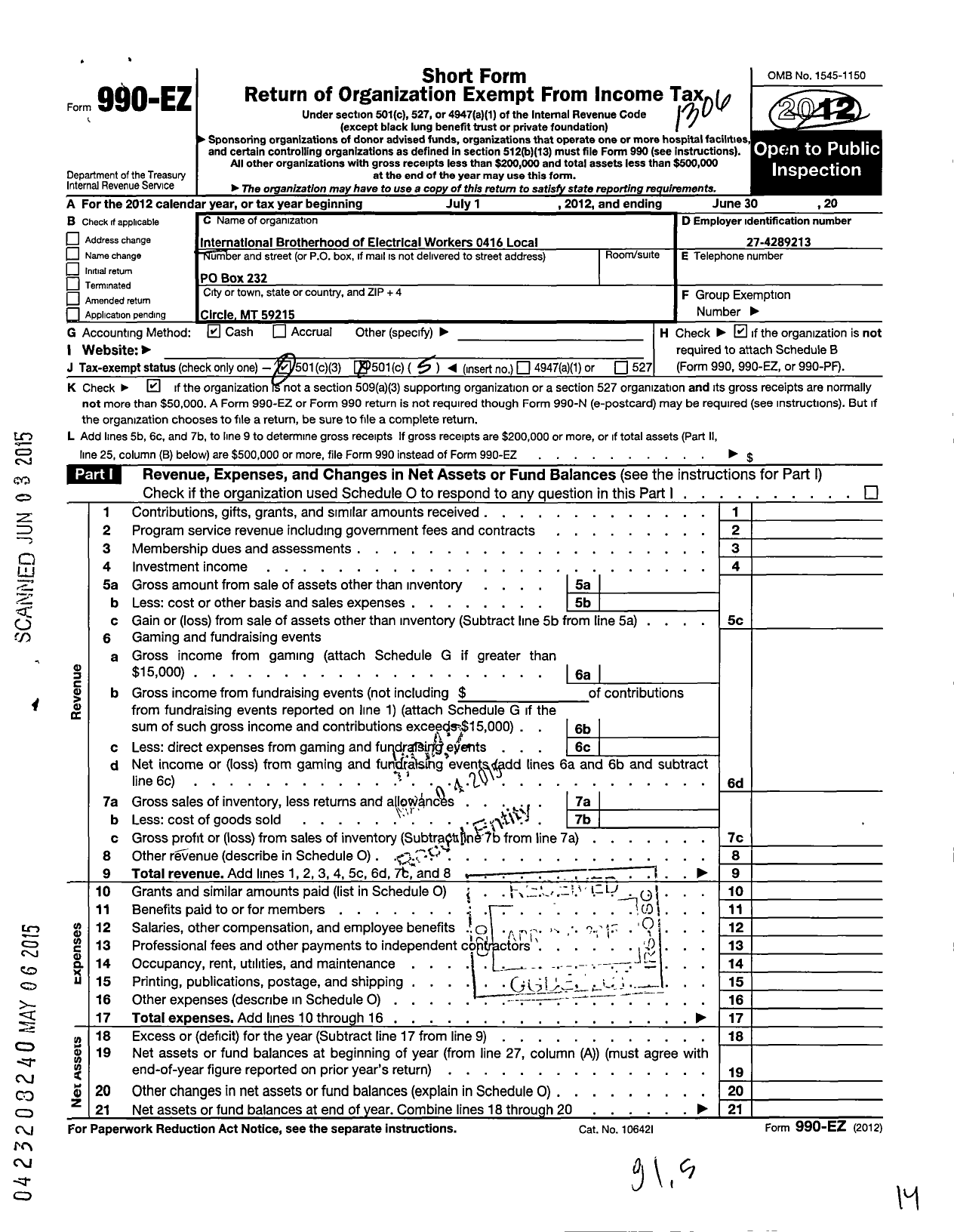 Image of first page of 2012 Form 990EO for International Brotherhood of Electrical Workers - 0416 Local Union