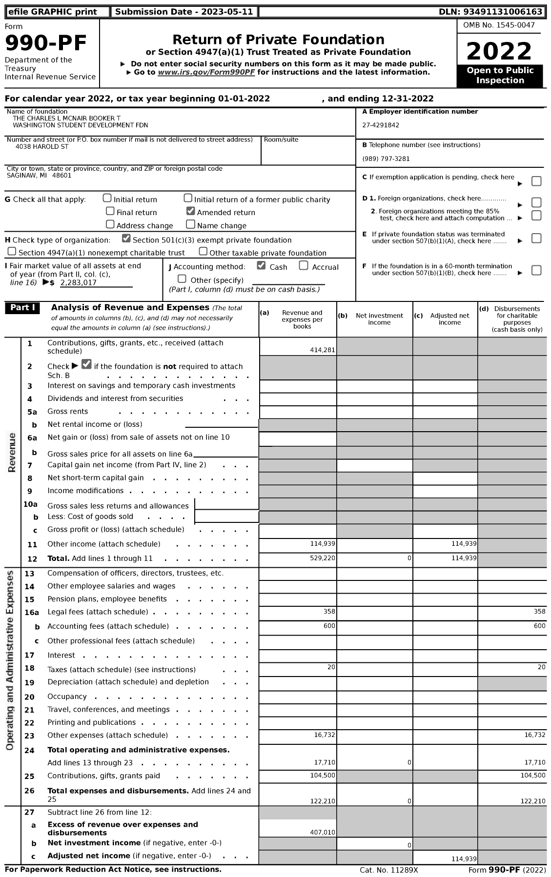 Image of first page of 2022 Form 990PF for The Charles L Mcnair Booker T Washington Student Development Foundation