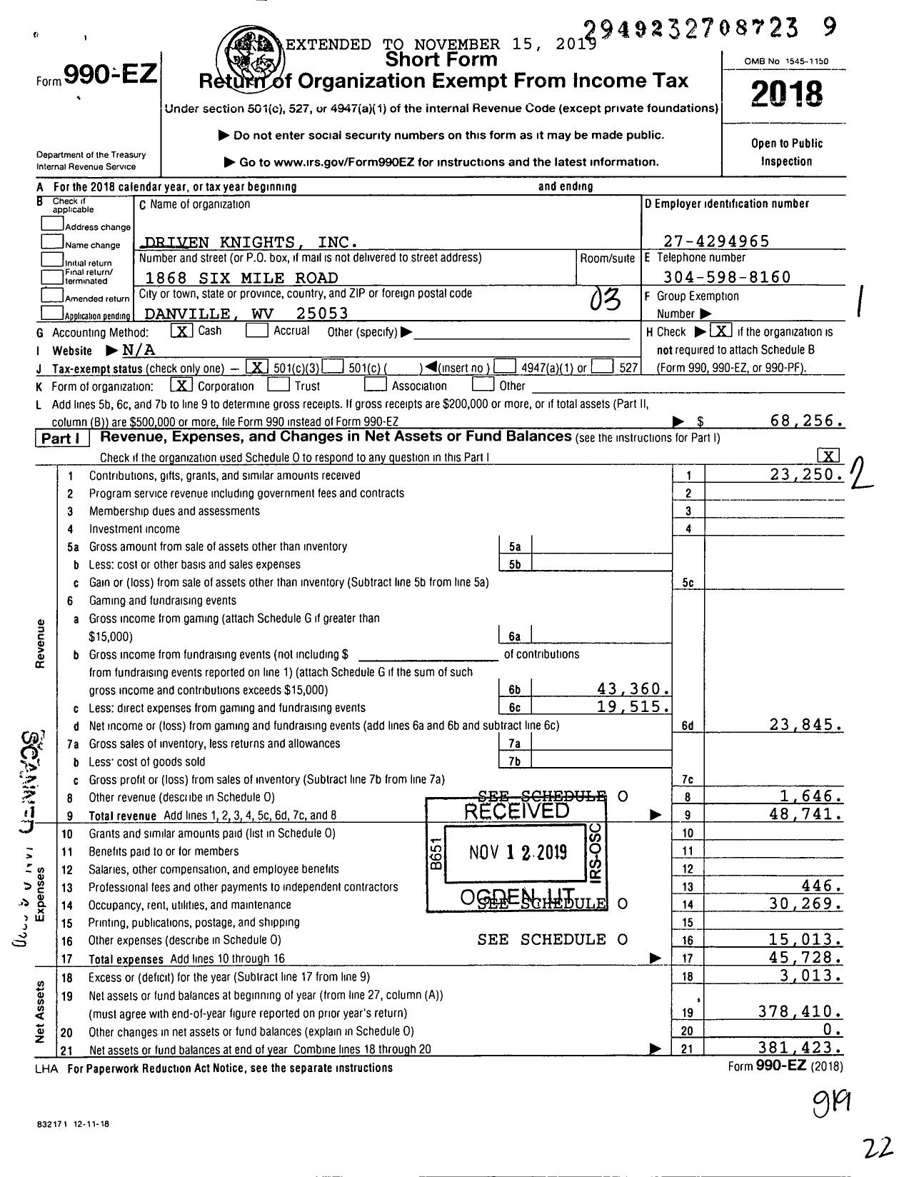 Image of first page of 2018 Form 990EZ for Driven Knights