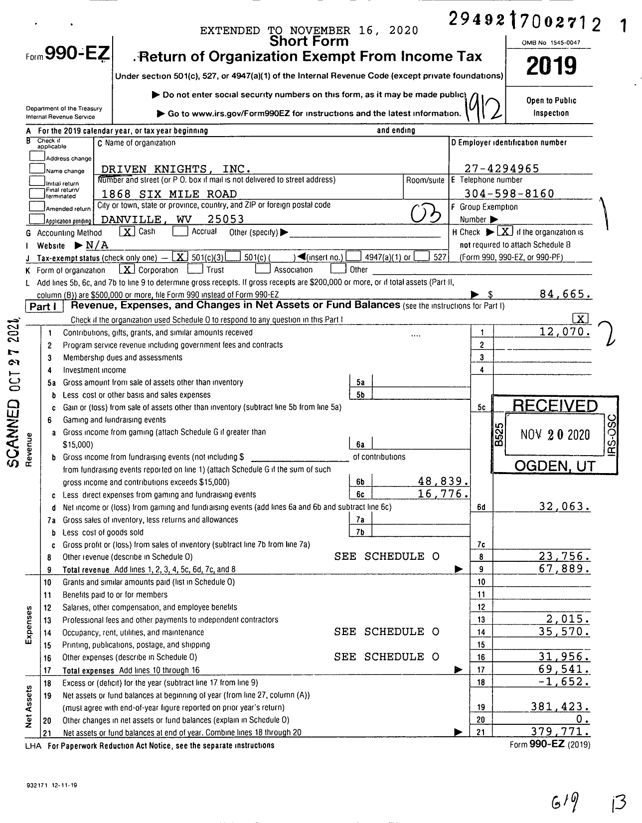 Image of first page of 2019 Form 990EZ for Driven Knights