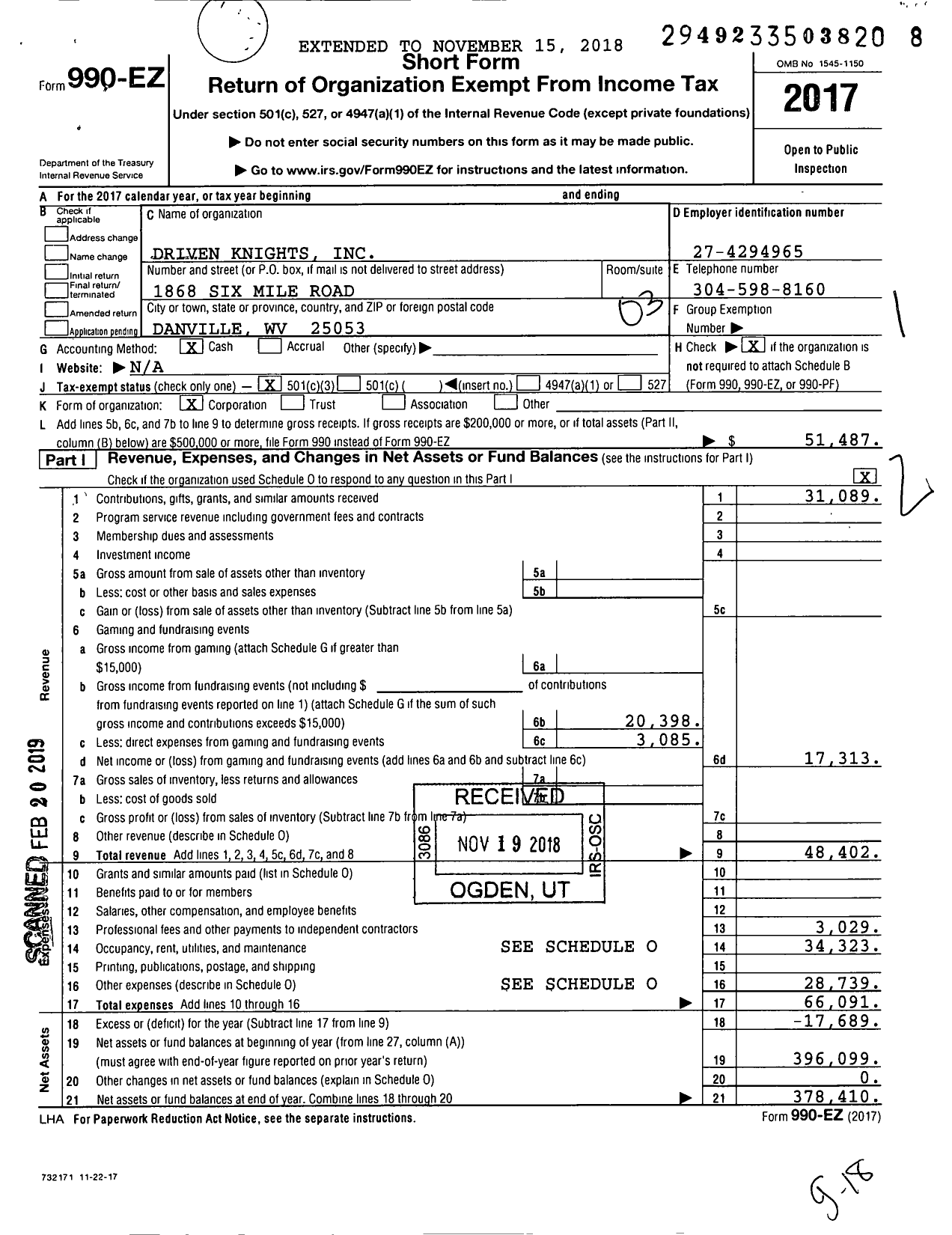 Image of first page of 2017 Form 990EZ for Driven Knights