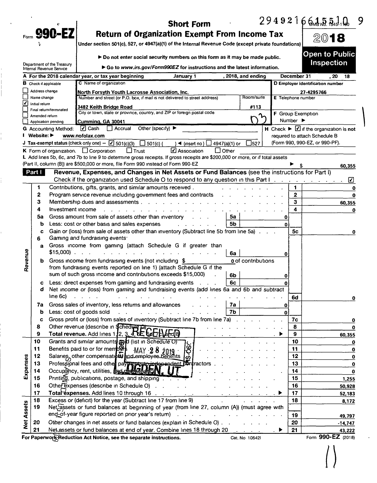 Image of first page of 2018 Form 990EZ for North Forsyth Youth Lacrosse Association