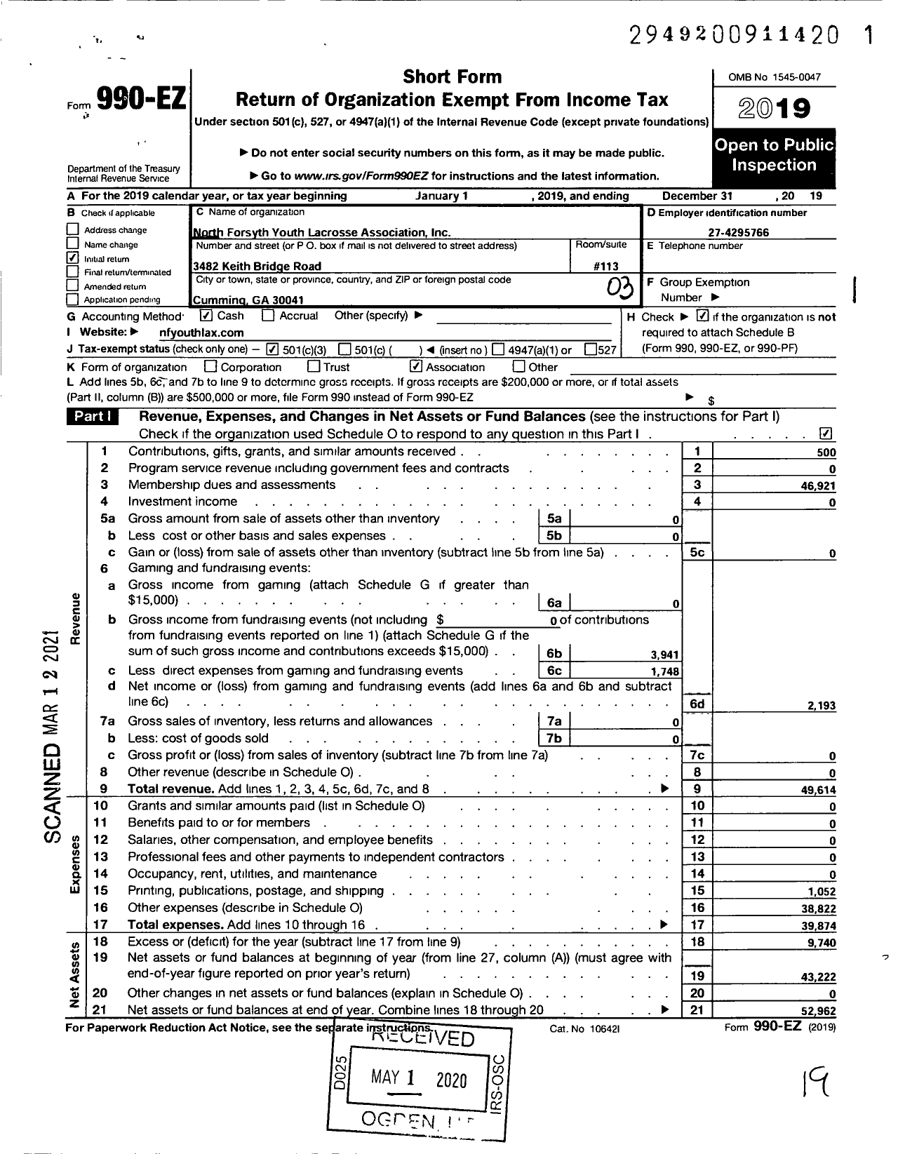 Image of first page of 2019 Form 990EZ for North Forsyth Youth Lacrosse Association