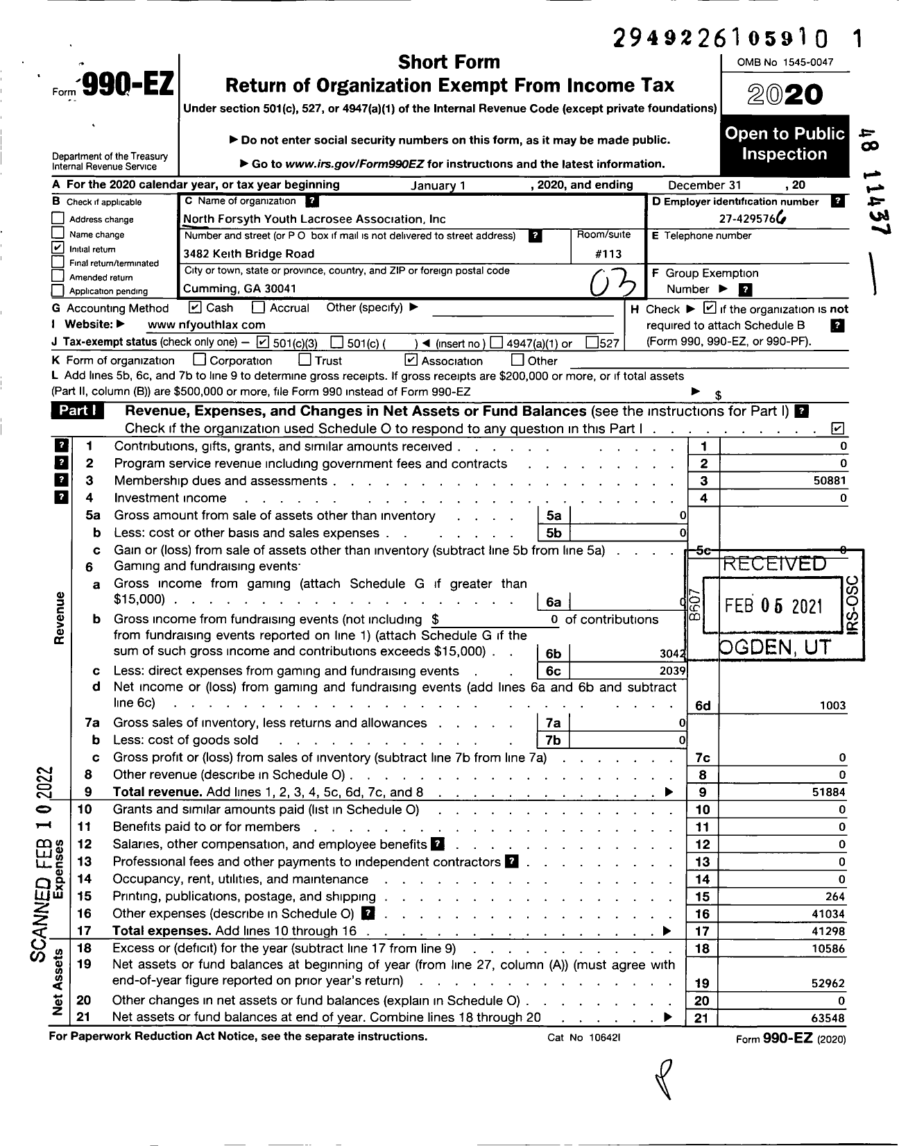 Image of first page of 2020 Form 990EZ for North Forsyth Youth Lacrosse Association