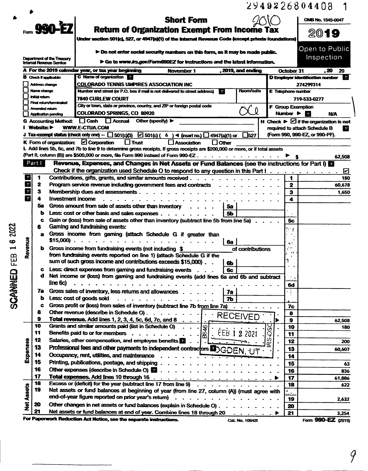 Image of first page of 2019 Form 990EO for Colorado Tennis Umpires Association (CTUA)