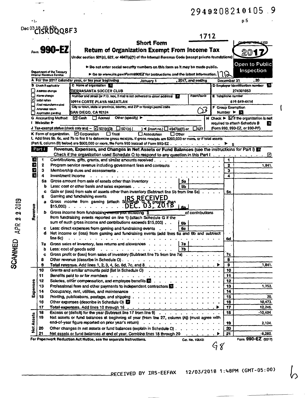 Image of first page of 2017 Form 990EZ for Tierrasanta Soccer Club