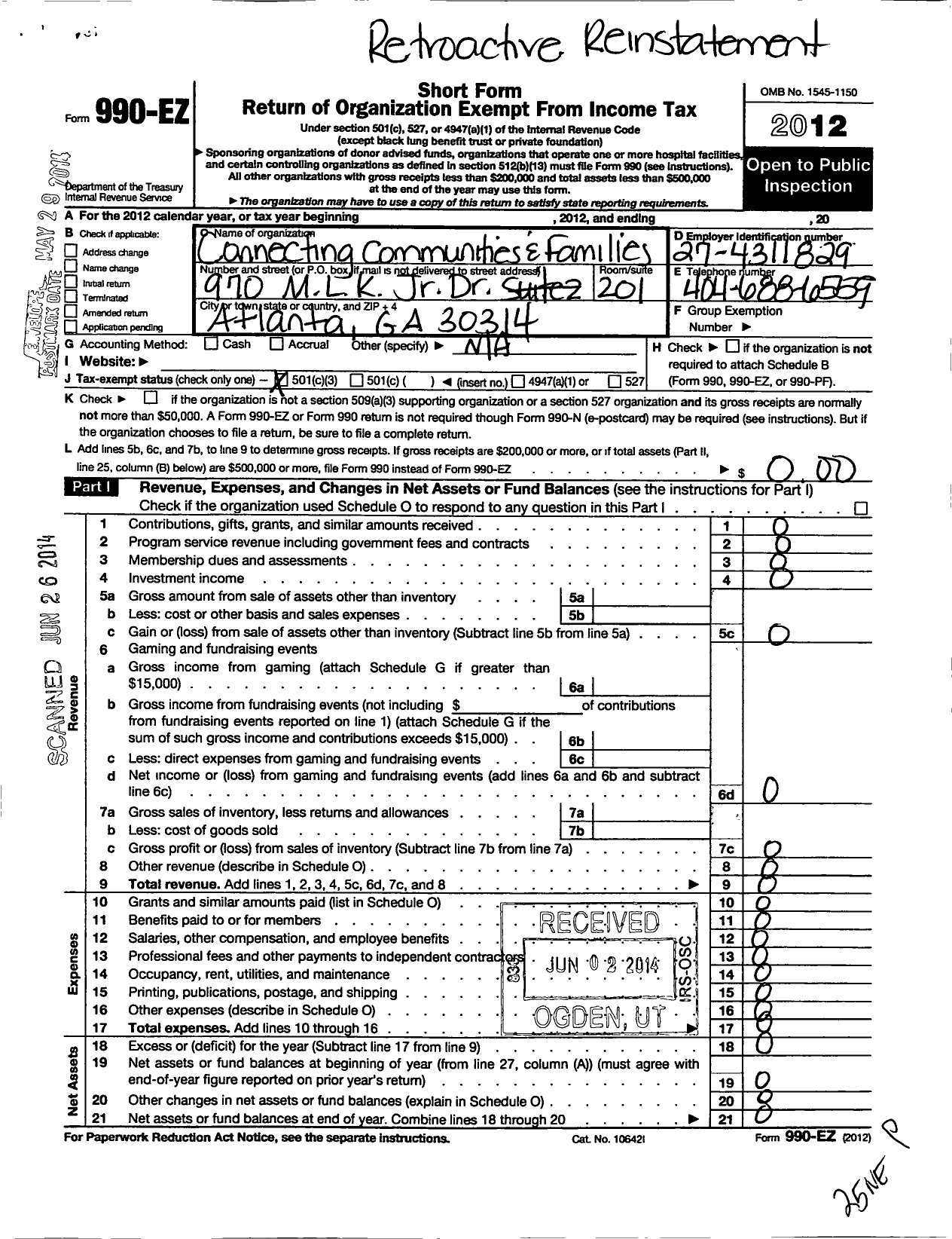 Image of first page of 2012 Form 990EZ for Connecting Communities and Families