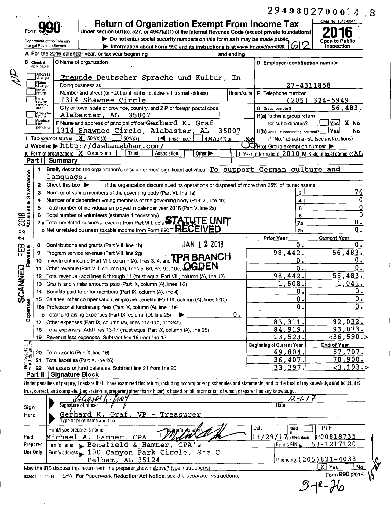 Image of first page of 2016 Form 990 for Freunde Deutscher Sprache und Kultur