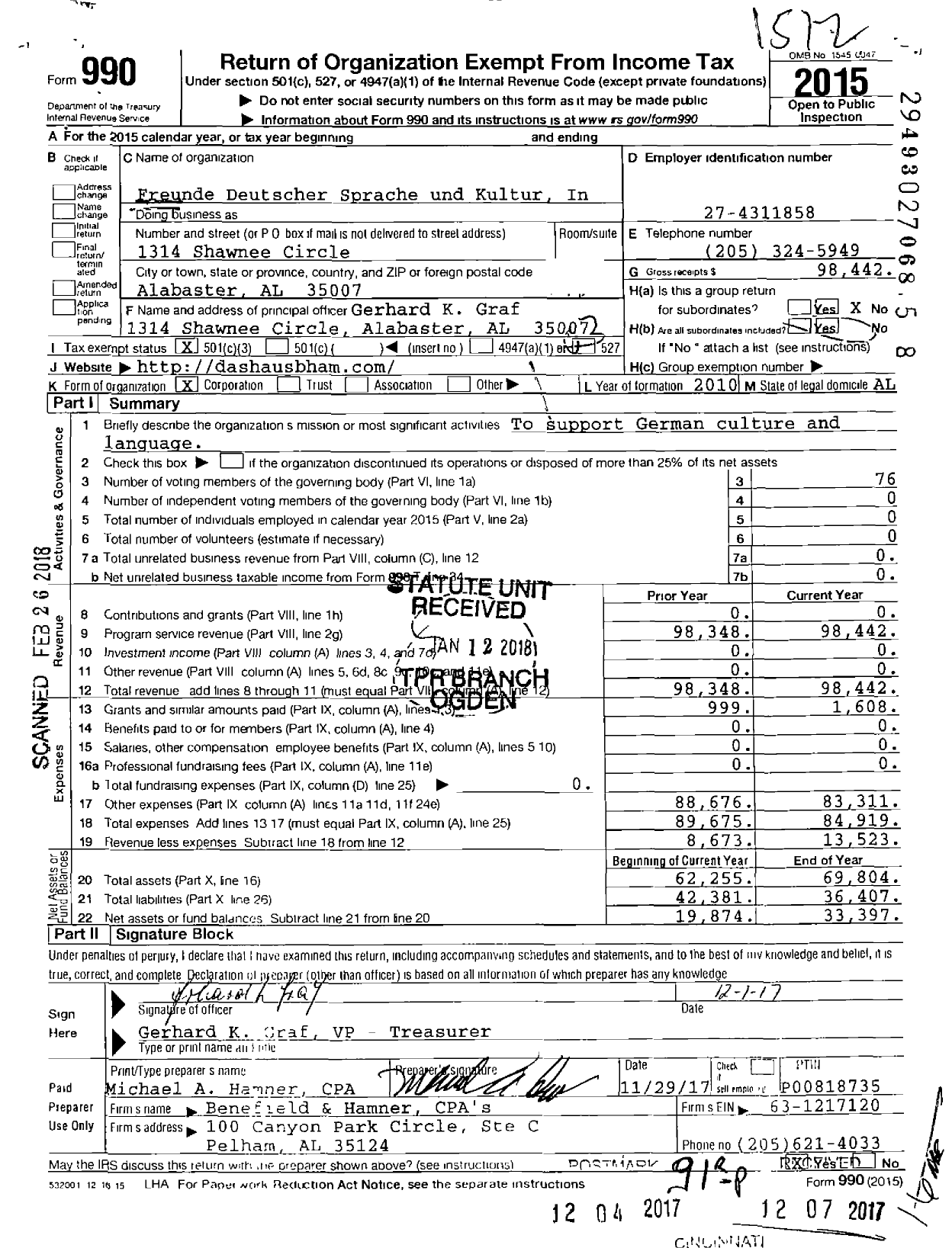 Image of first page of 2015 Form 990 for Freunde Deutscher Sprache und Kultur