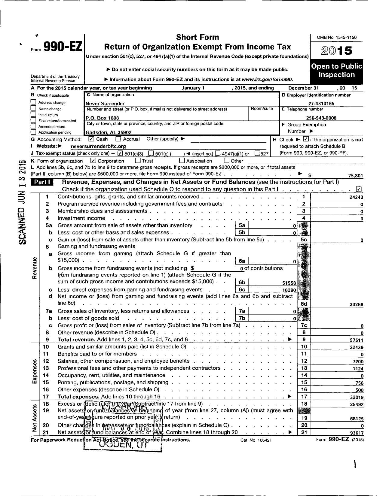 Image of first page of 2015 Form 990EZ for Never Surrender - A Breast Cancer Support Organization