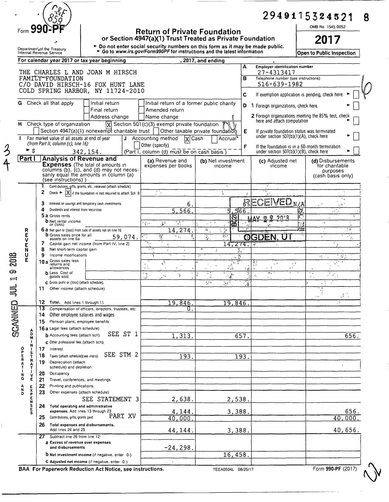 Image of first page of 2017 Form 990PF for The Charles L and Joan M Hirsch Family Foundation