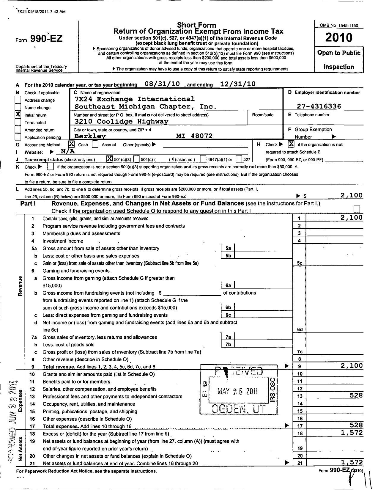 Image of first page of 2010 Form 990EZ for 7 X 24 Exchange International / Southeast Michigan Chapter Inc