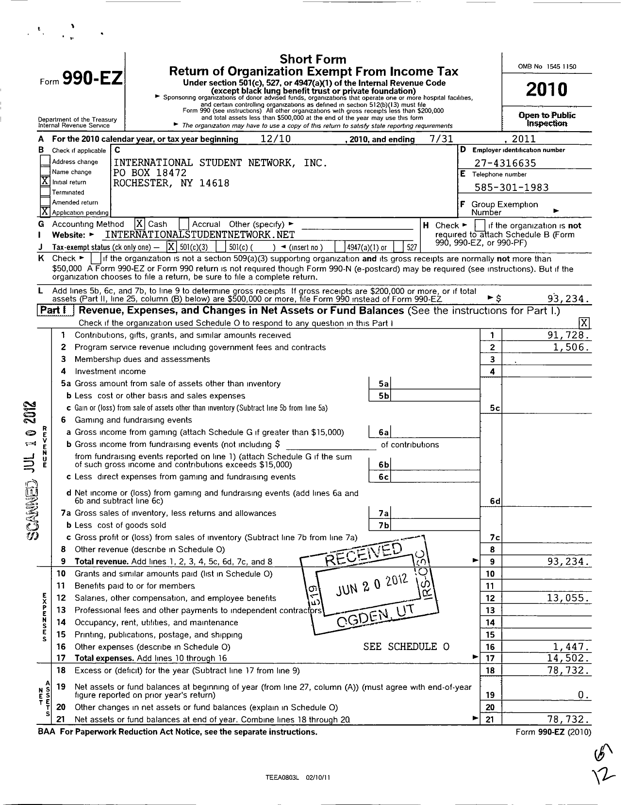 Image of first page of 2010 Form 990EZ for International Student Network