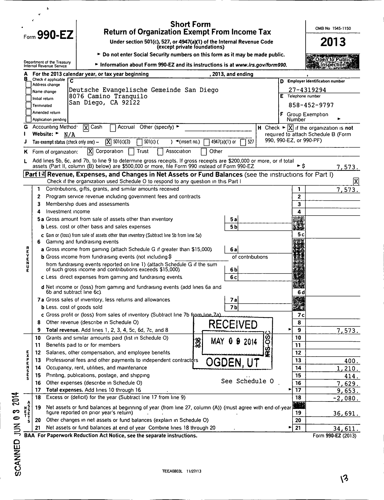 Image of first page of 2013 Form 990EZ for Deutsche Evangelische Gemeinde San Diego