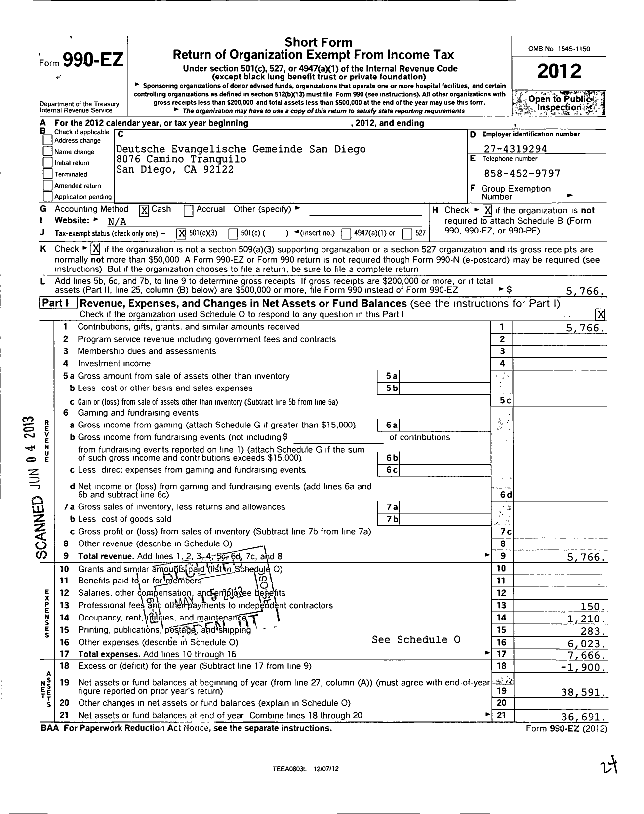 Image of first page of 2012 Form 990EZ for Deutsche Evangelische Gemeinde San Diego