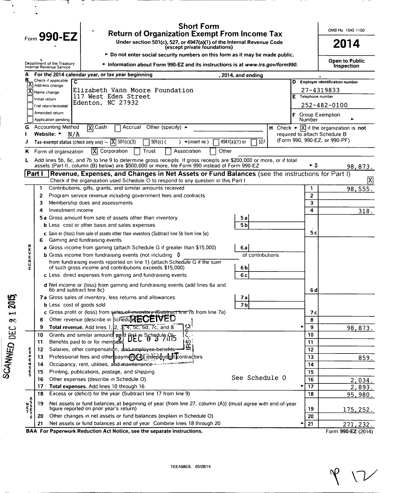 Image of first page of 2014 Form 990EZ for Elizabeth Vann Moore Foundation