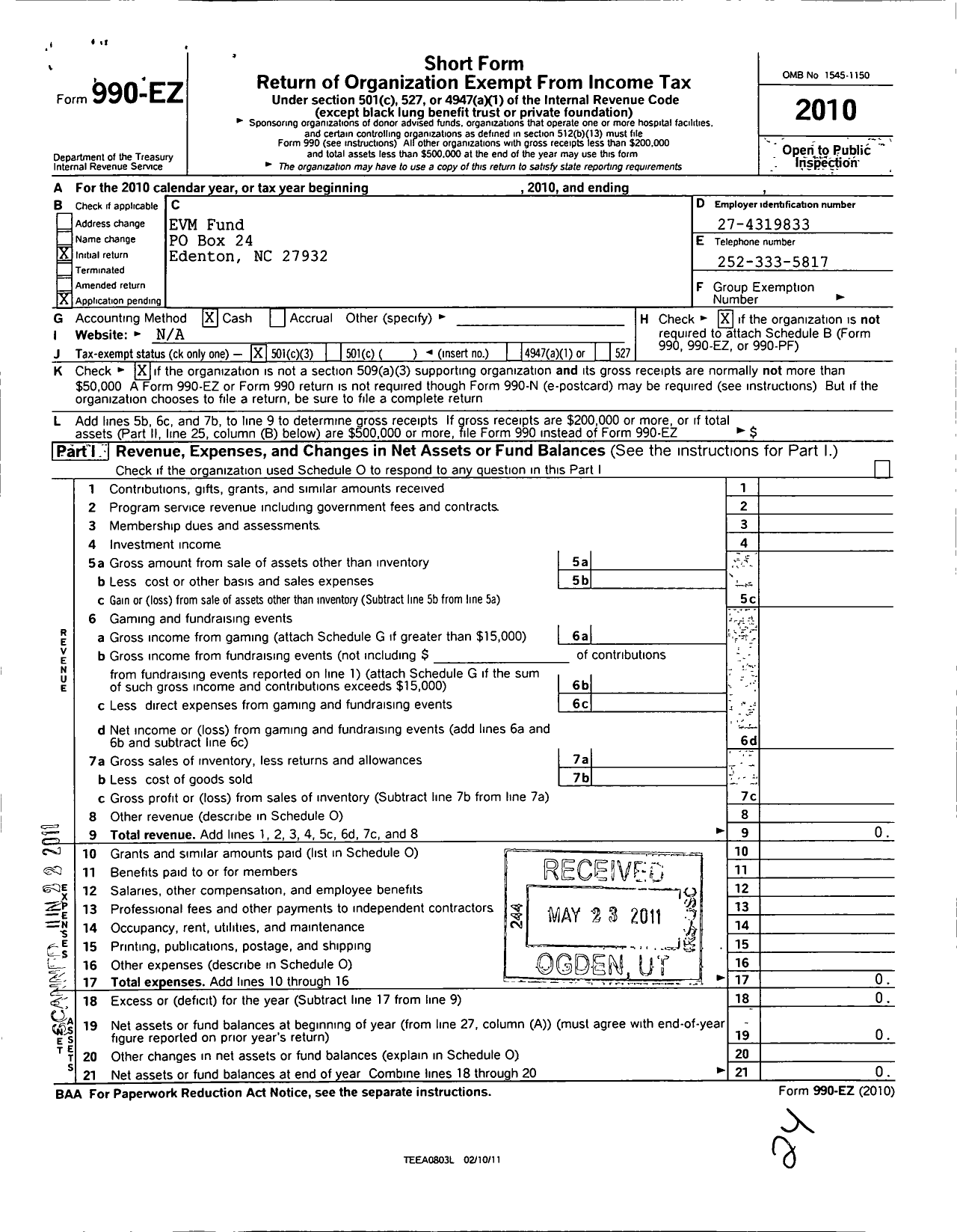 Image of first page of 2010 Form 990EZ for Elizabeth Vann Moore Foundation