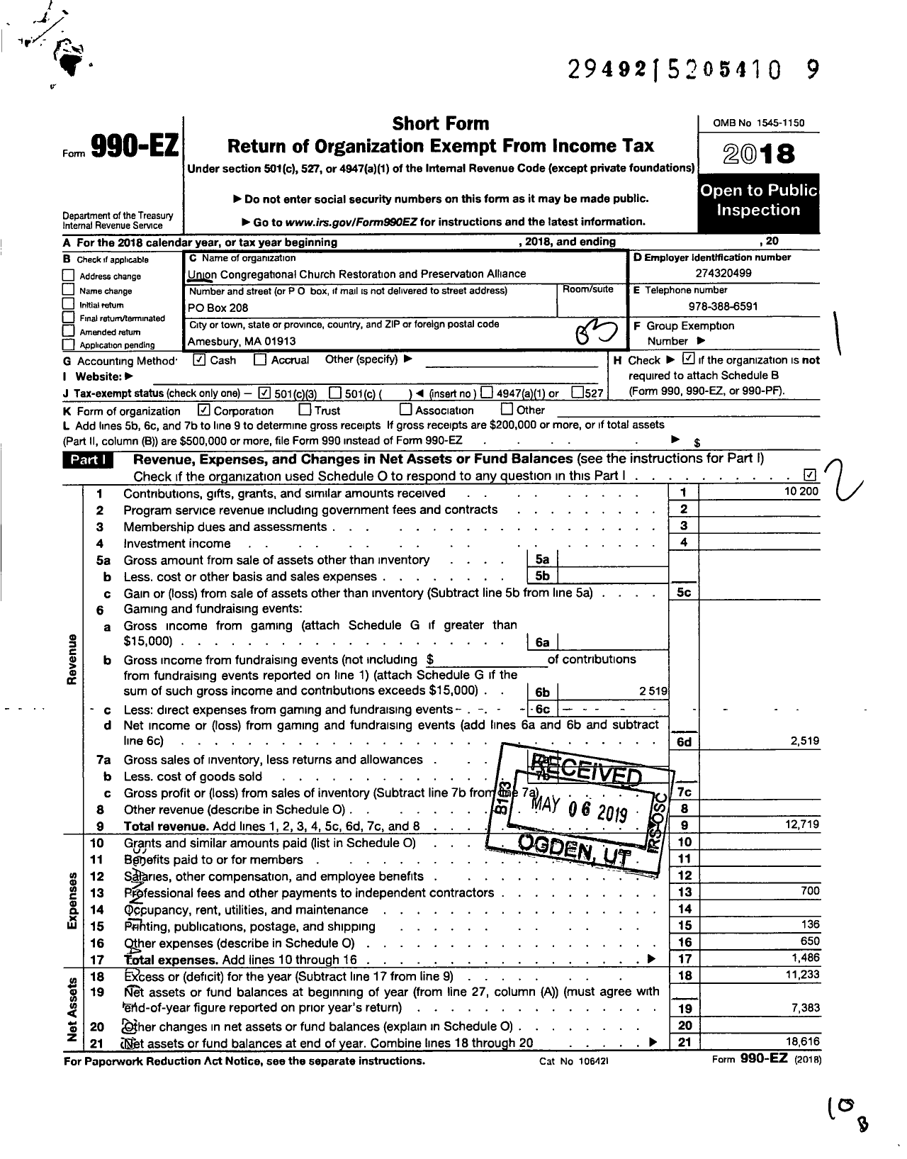 Image of first page of 2018 Form 990EZ for Union Congregational Church Restoration and Preservation Alliance