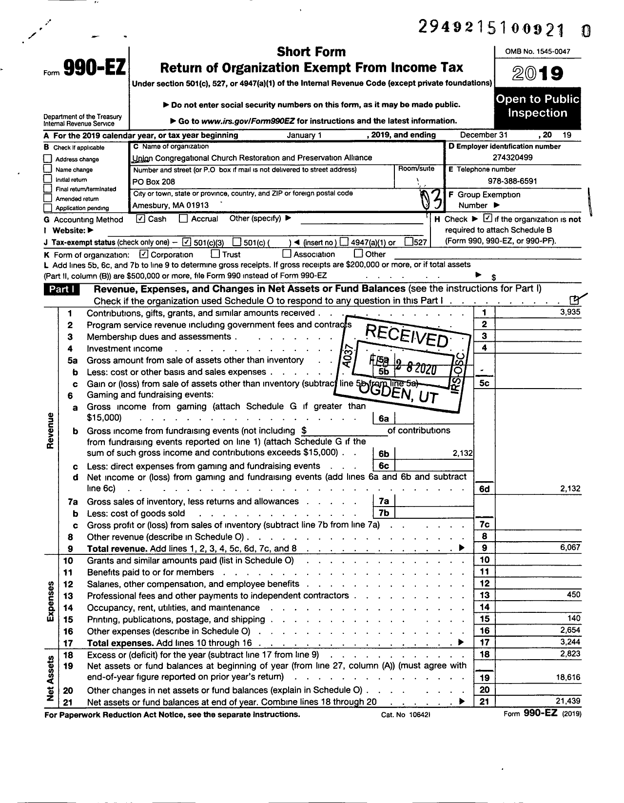 Image of first page of 2019 Form 990EZ for Union Congregational Church Restoration and Preservation Alliance