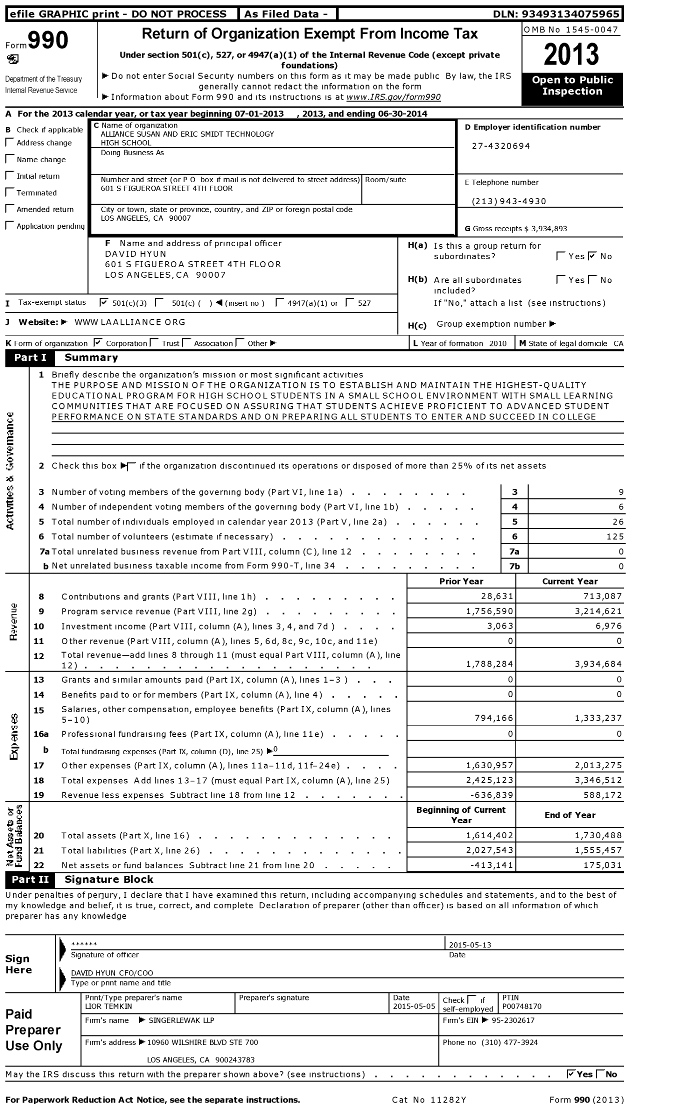 Image of first page of 2013 Form 990 for Alliance Susan and Eric Smidt Technology