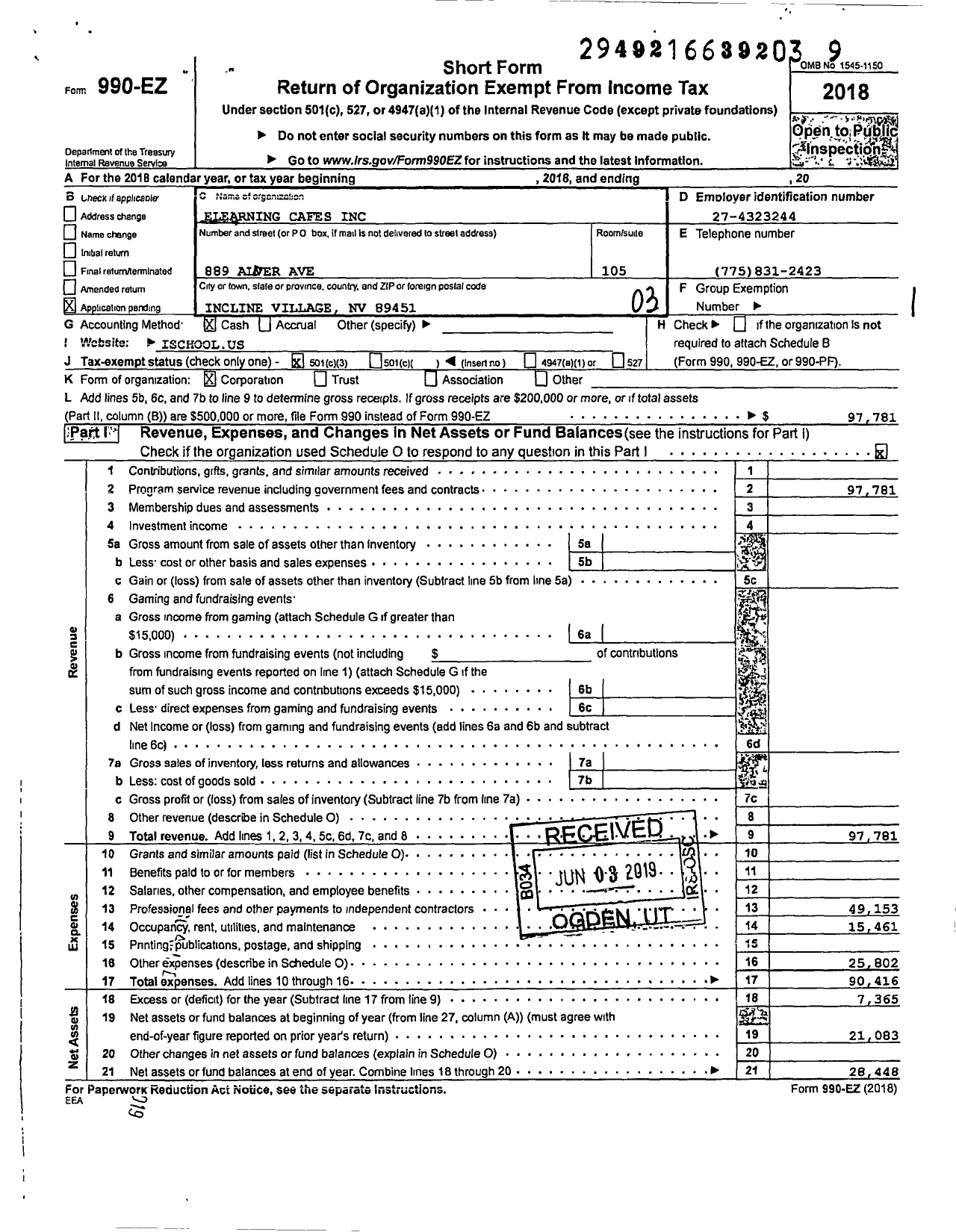 Image of first page of 2018 Form 990EZ for Elearning Cafes