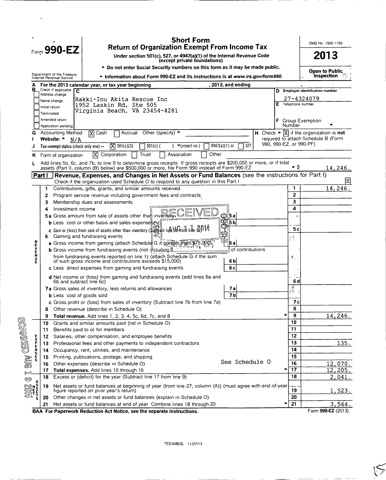 Image of first page of 2013 Form 990EZ for Rakki-Inu Akita Rescue