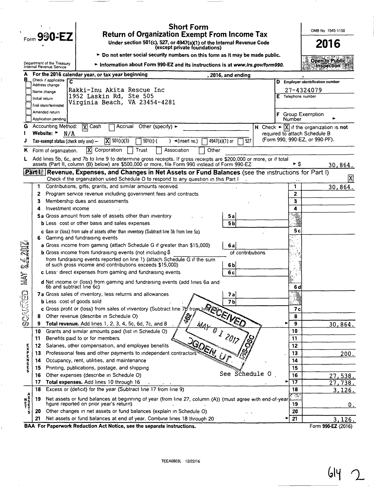 Image of first page of 2016 Form 990EZ for Rakki-Inu Akita Rescue