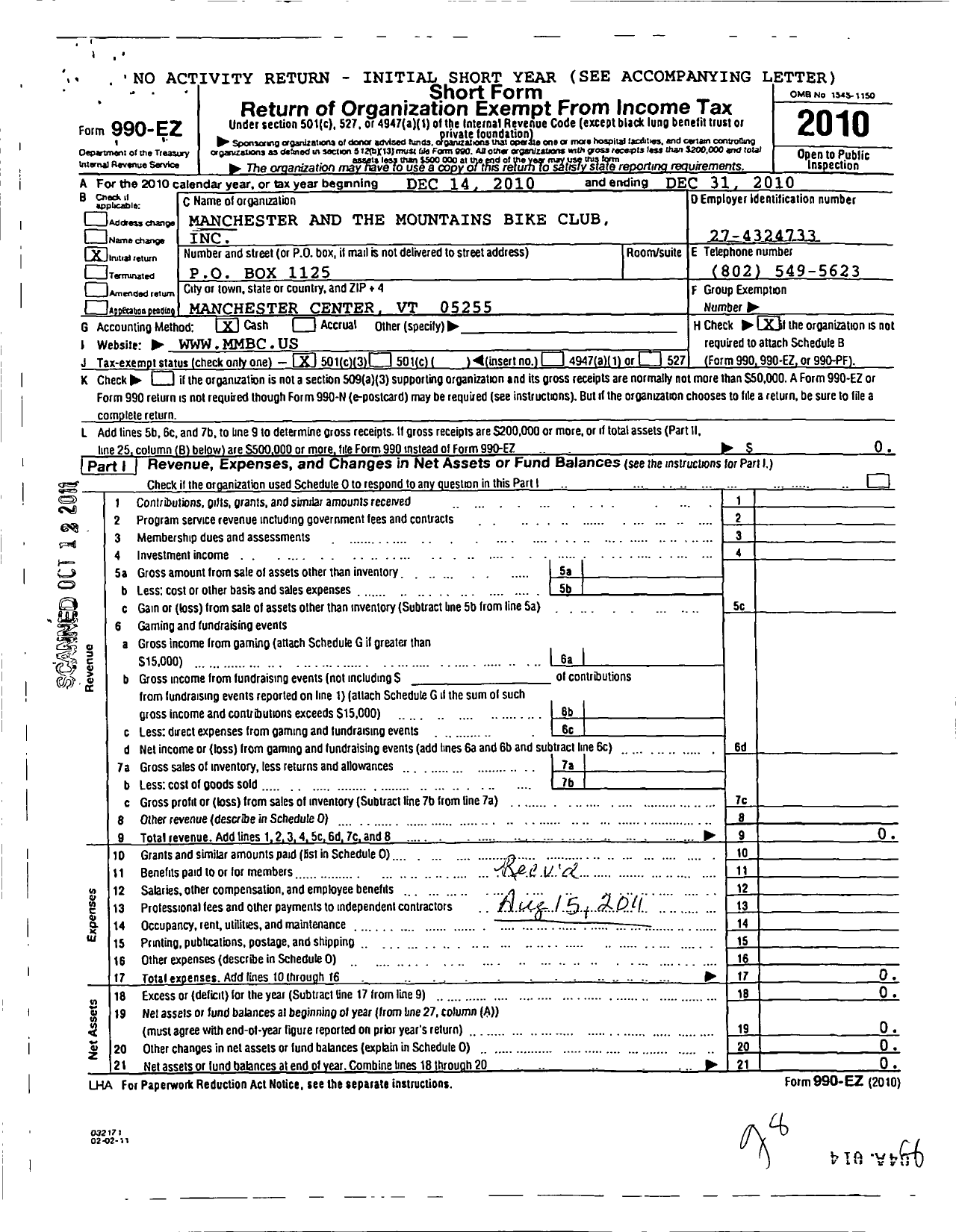 Image of first page of 2010 Form 990EZ for Bike Manchester VT