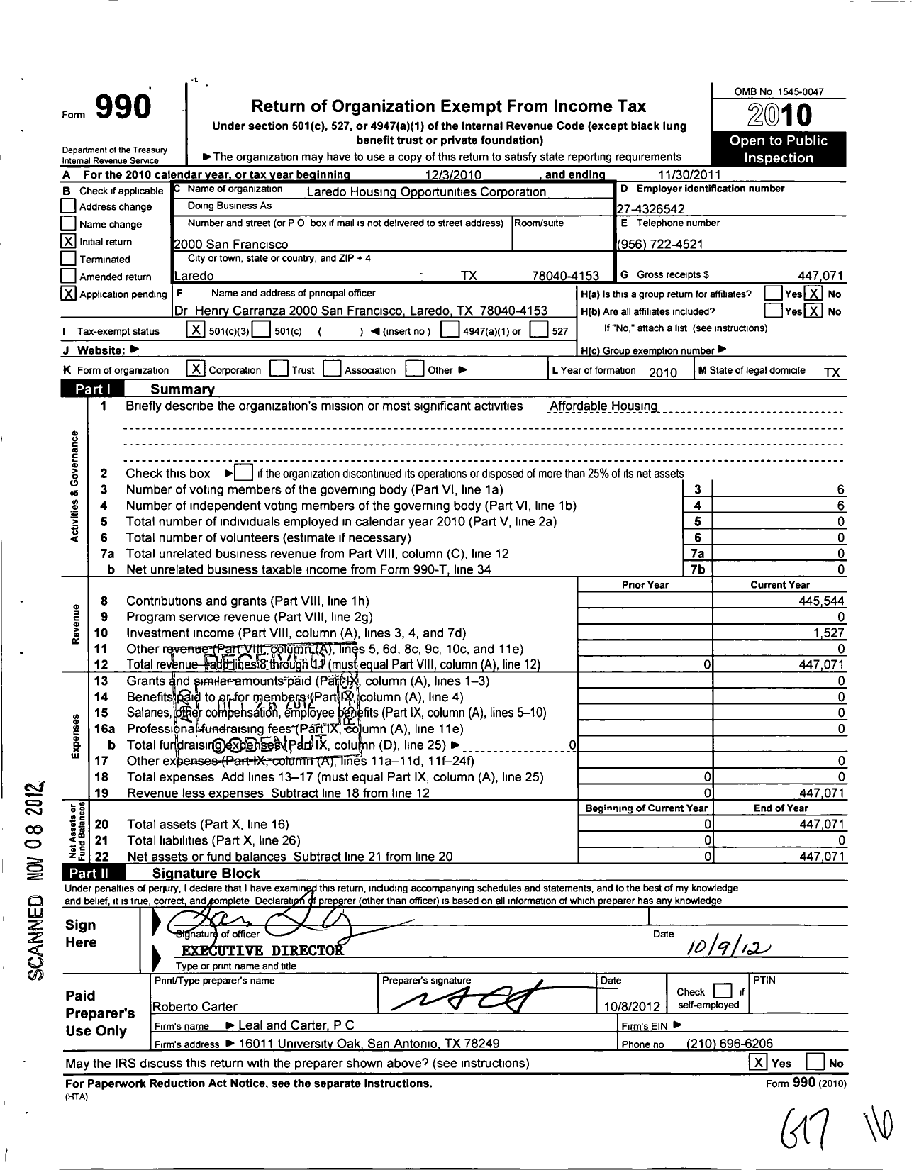 Image of first page of 2010 Form 990 for Laredo Housing Opportunities Corporation