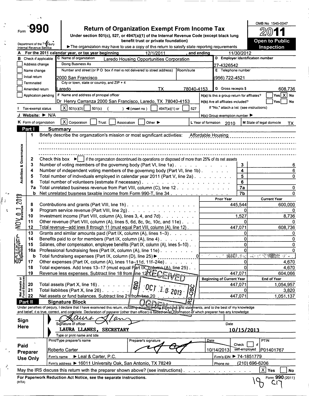 Image of first page of 2011 Form 990 for Laredo Housing Opportunities Corporation