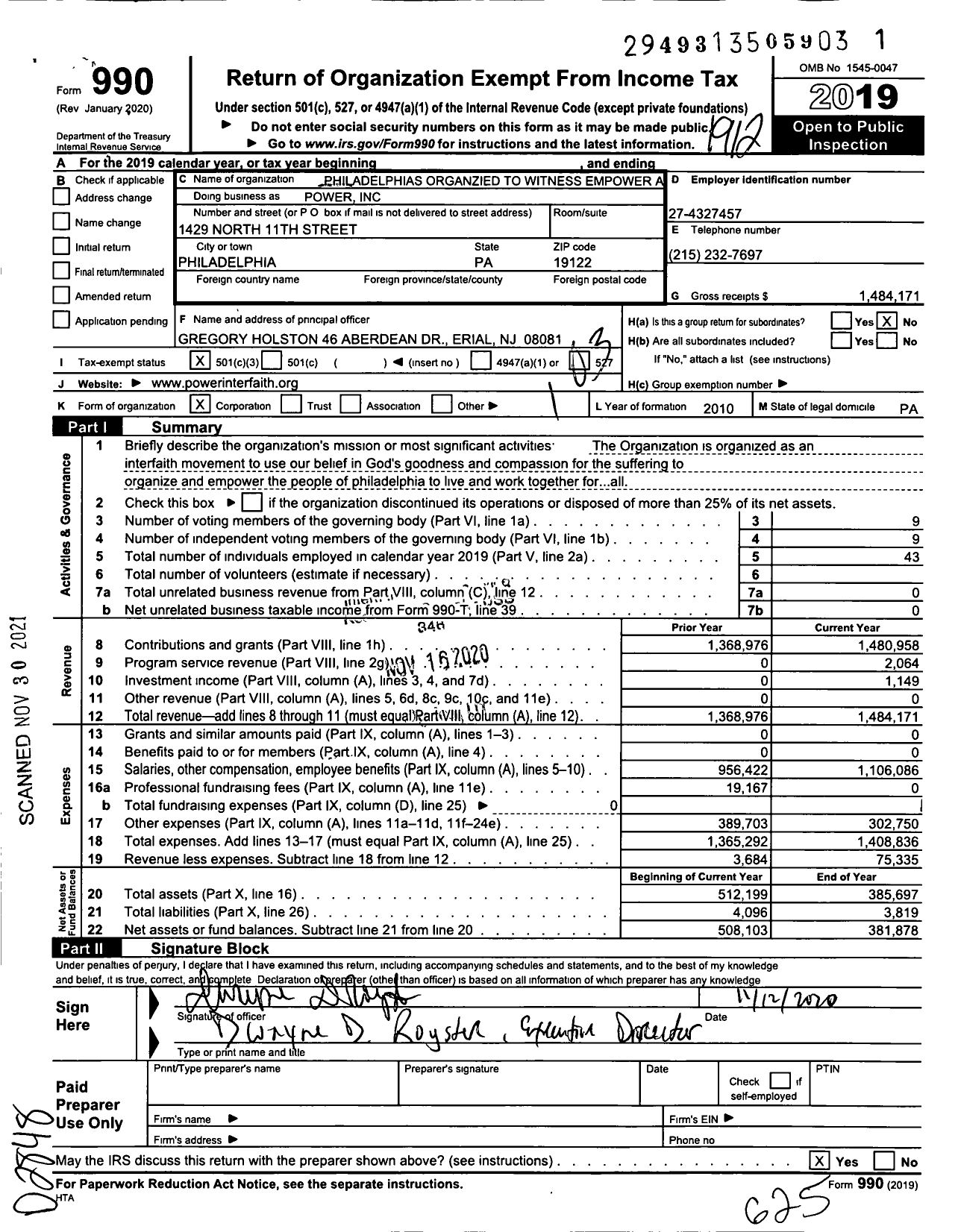 Image of first page of 2019 Form 990 for Power Interfaith