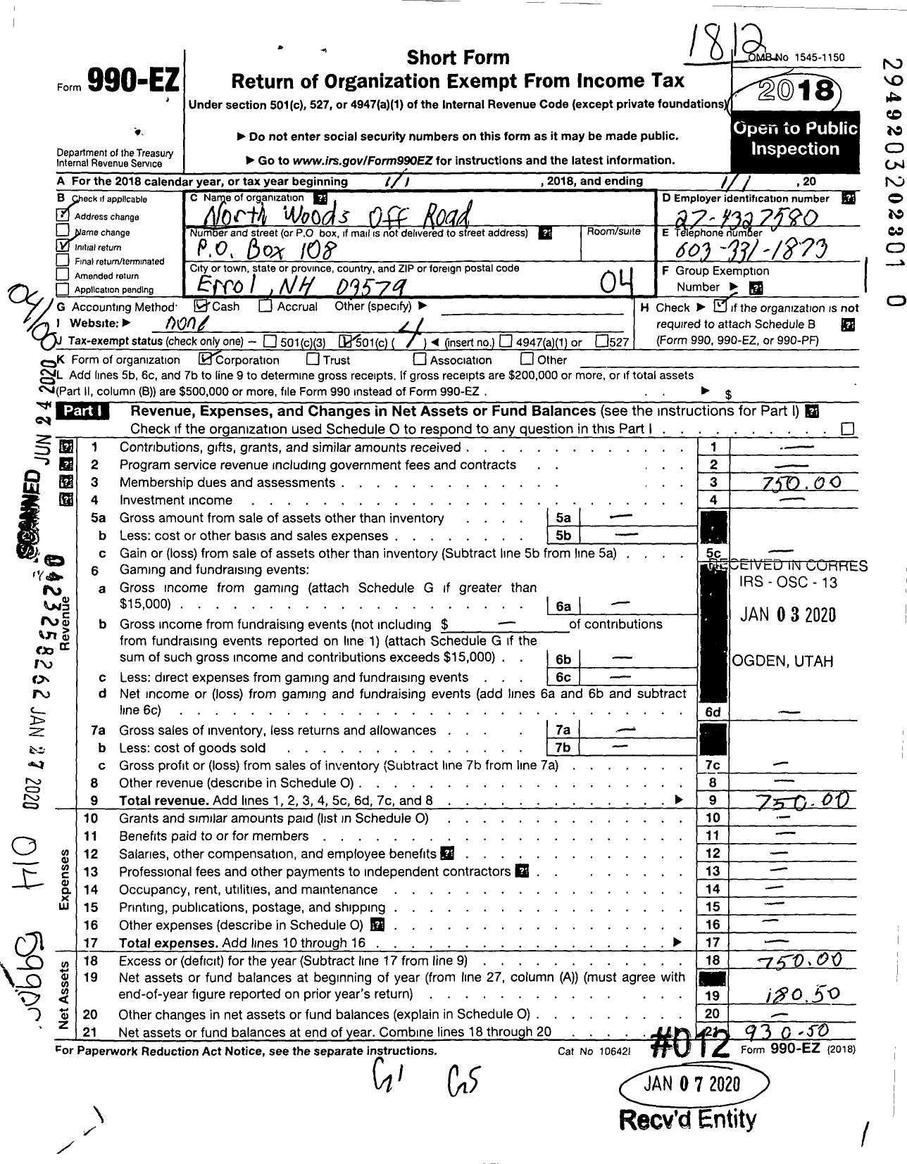 Image of first page of 2018 Form 990EO for North Woods Off Road