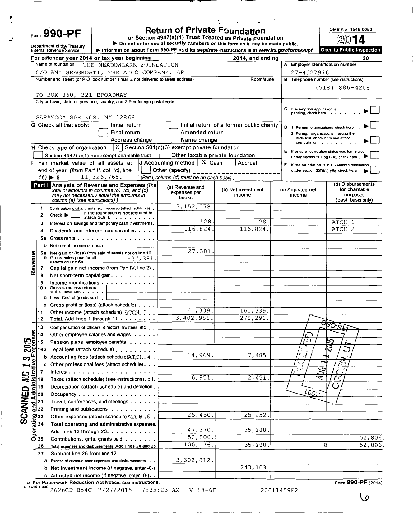 Image of first page of 2014 Form 990PF for The Meadowlark Foundation
