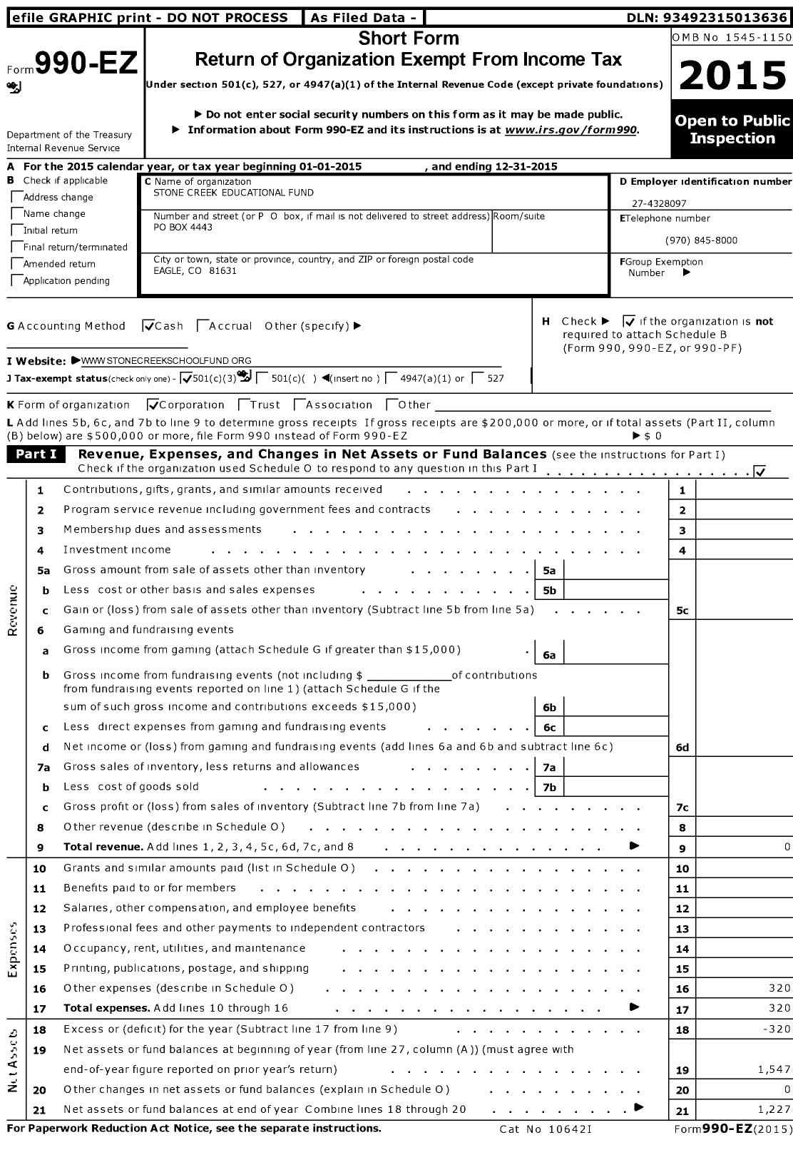 Image of first page of 2015 Form 990EZ for Stone Creek Educational Fund