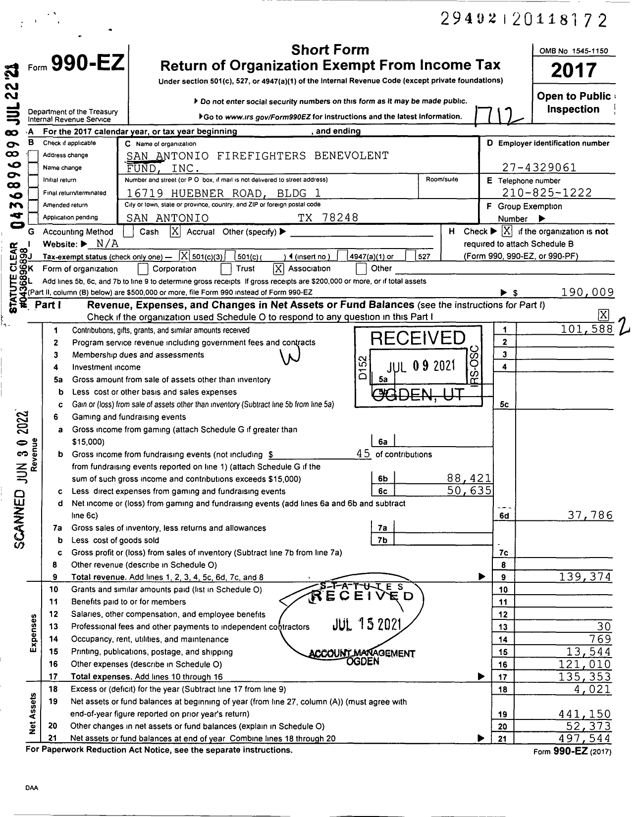 Image of first page of 2016 Form 990EZ for San Antonio Firefighters Benevolent Fund