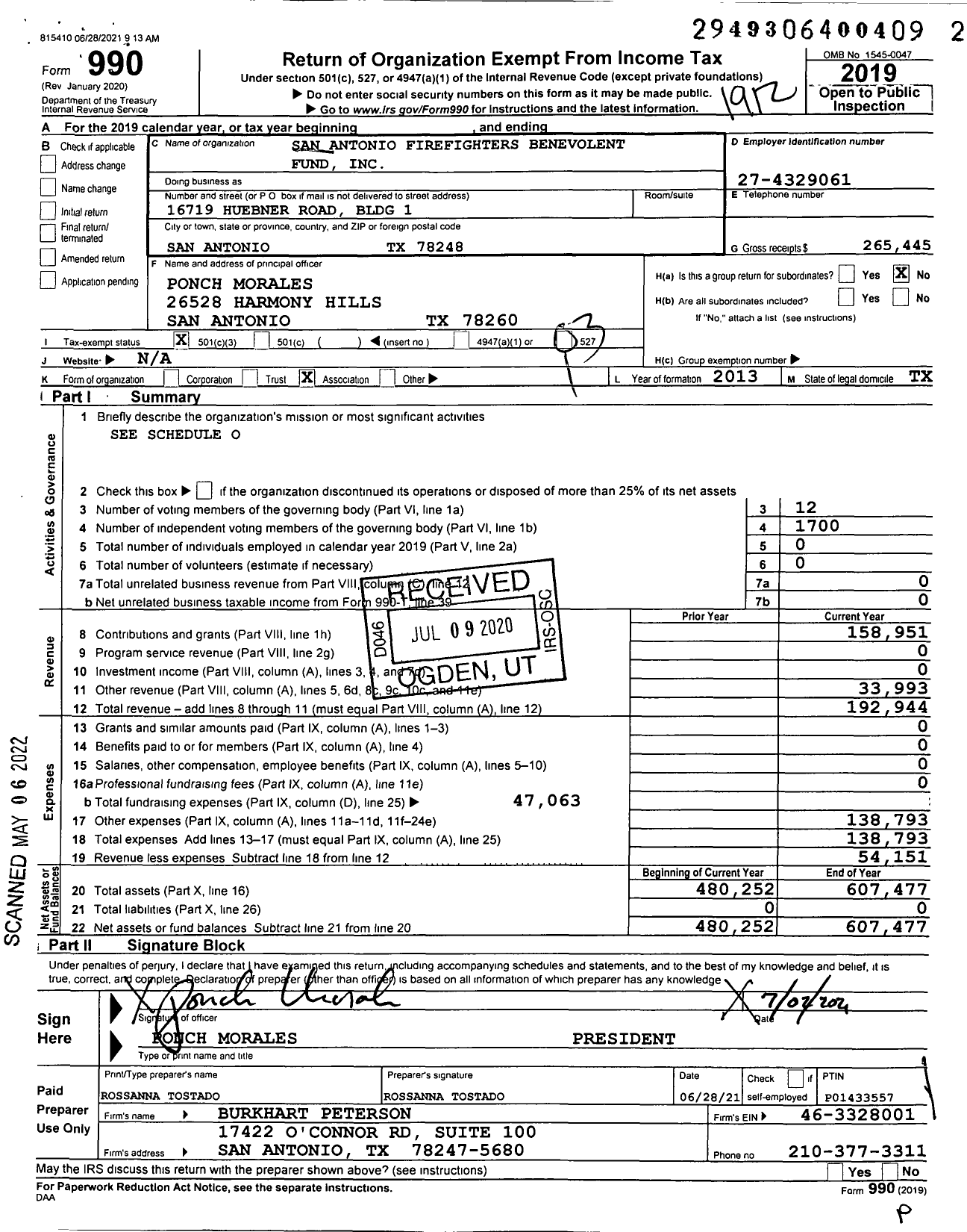 Image of first page of 2019 Form 990 for San Antonio Firefighters Benevolent Fund